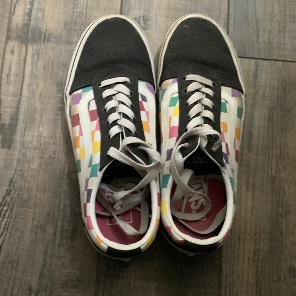 Vans Black & rainbow checkered skate sneakers, size 7.5 + barely worn